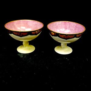 Vintage set of 2 art deco style hand painted milk glass footed champagne glasses